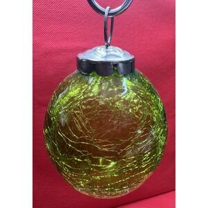 Green Crackle Glass Egg Shaped Heavy Ornament 3½" Kugel Style Silver Cap